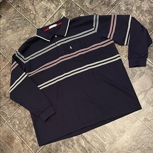 HUSH PUPPIES Polo Shirt Navy Red White Striped Preppy Embroidered Logo Office